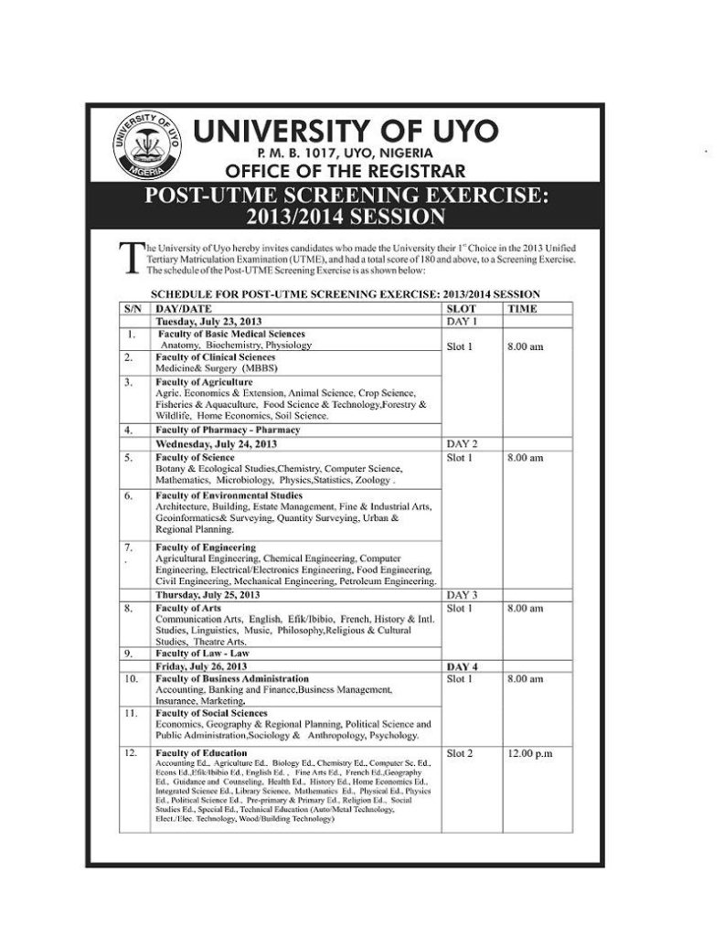 UNIUYO Post-UTME Timetable 2013 - 1