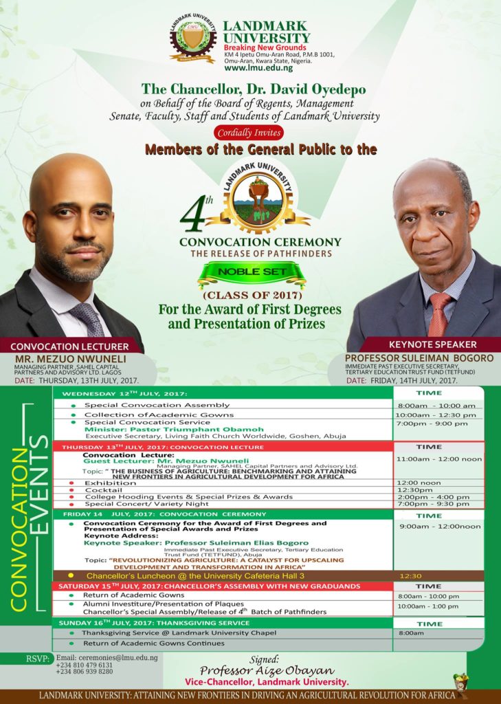 Landmark University Convocation Ceremony Schedule of Events
