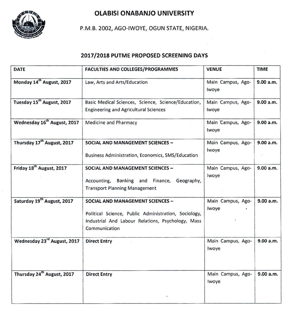 OOU Post-UTME / Direct Entry Screening Timetable