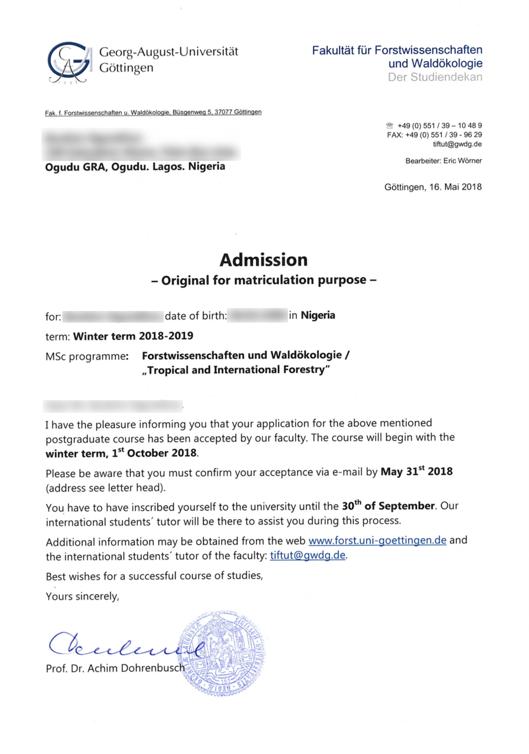 Georg August Universitat Gottingen Admission Letter