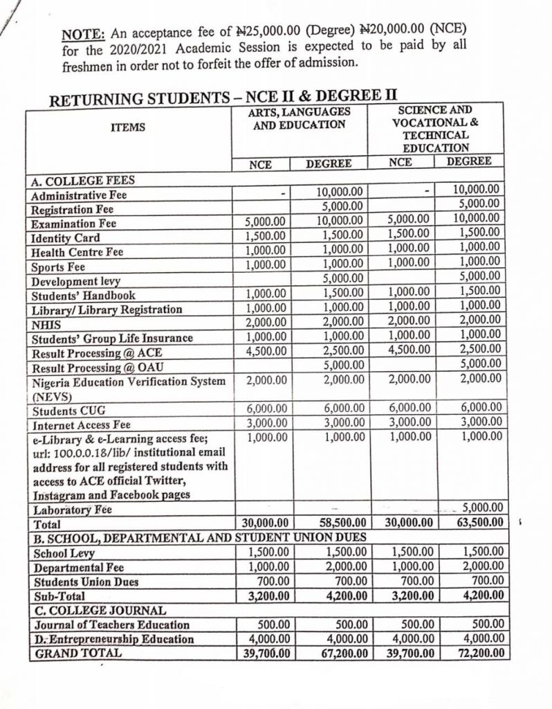 Adeyemi College of Education School Fees Page 2