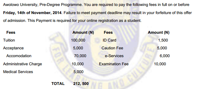 OAU pre-degree school fees 2014/2015