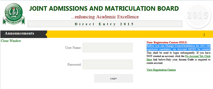DIRECT ENTRY CHANGE OF COURSE / INSTITUTION 2015