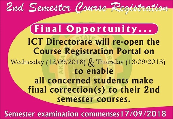 AKSU Course Registration Portal Re-Opened