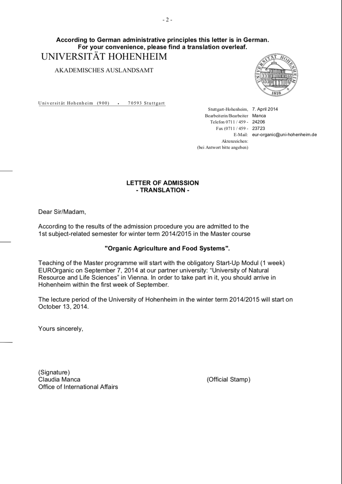 Germany University Admission Letter