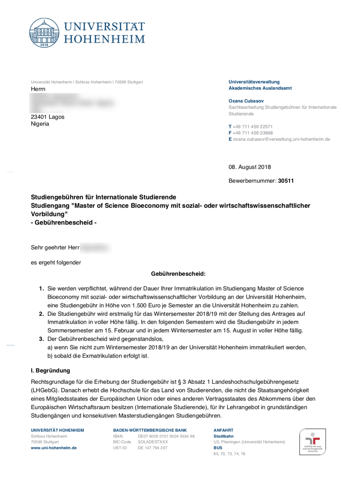 Universitat Hohenheim Bioeconomy Admission Letter