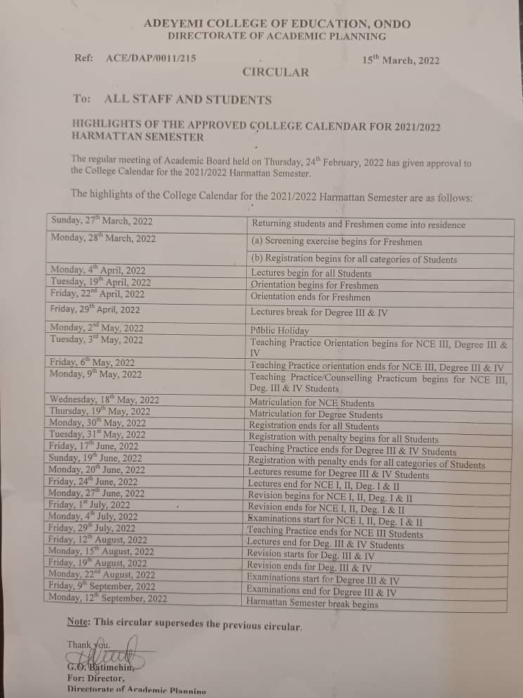 ACEONDO Academic Calendar