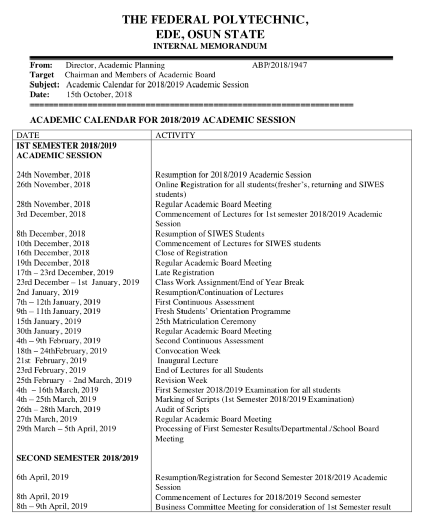 Federal Poly Ede Academic Calendar