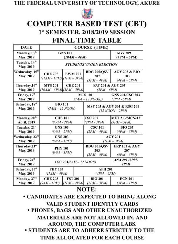 FUTA CBT Timetable