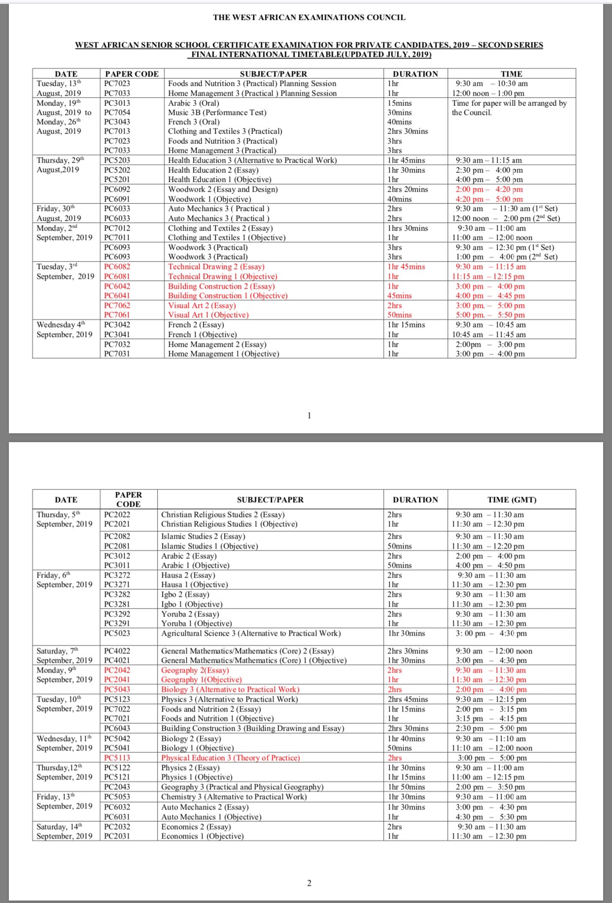 WAEC GCE Time Table