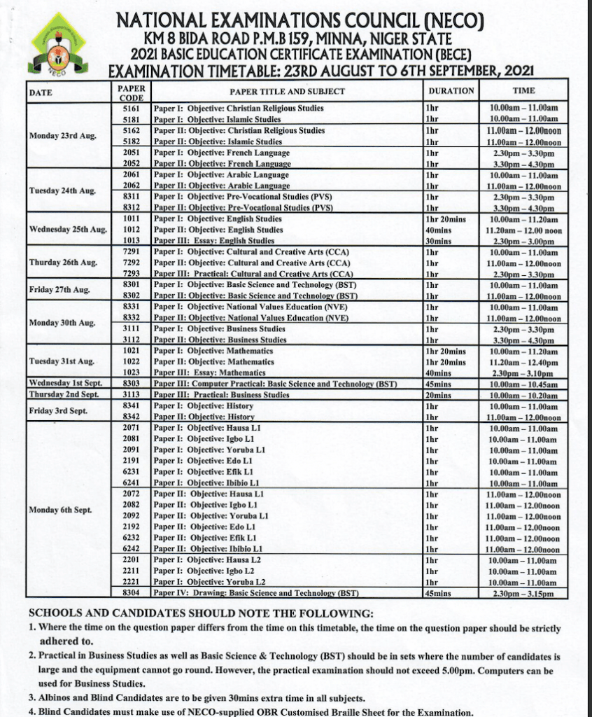 BECE Junior WAEC Timetable